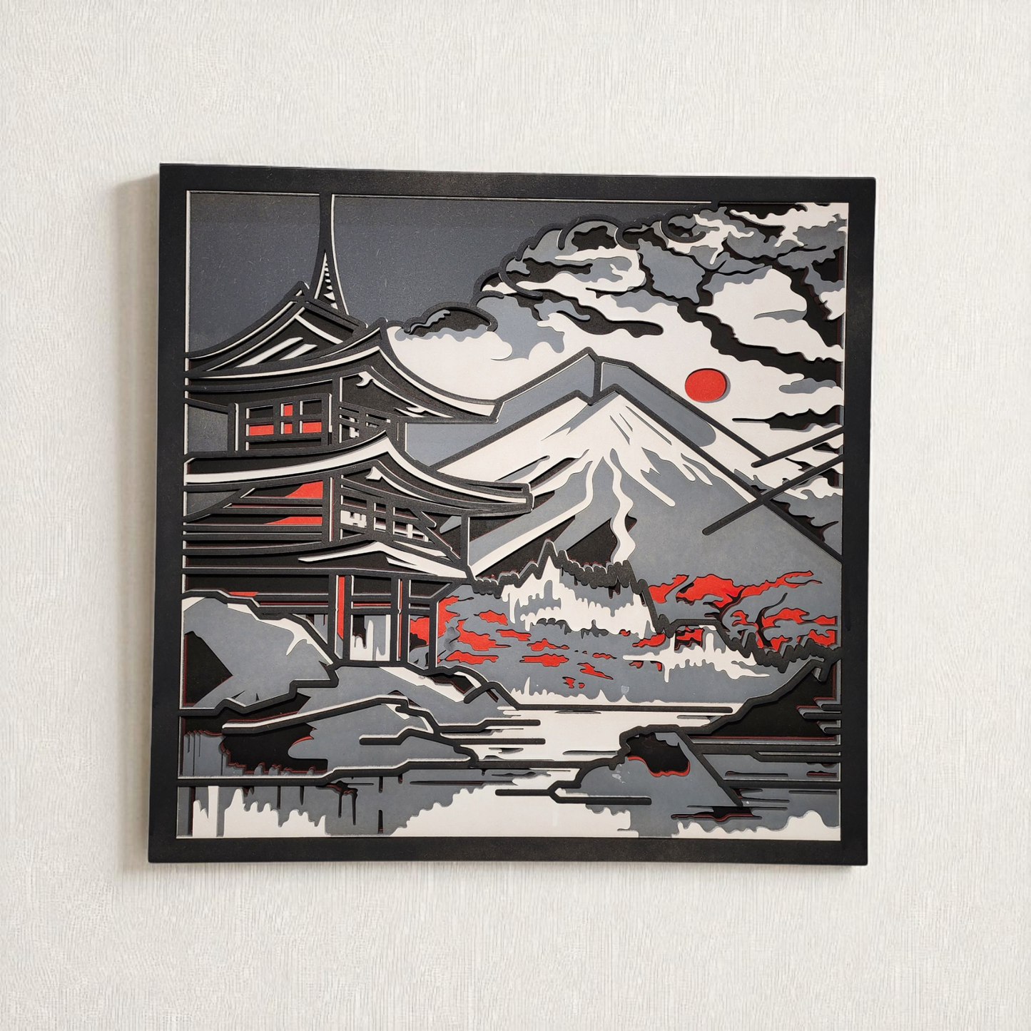 Japanese Temple & Mount Fuji – Multilayer Laser Cut Wall Art (Colored)