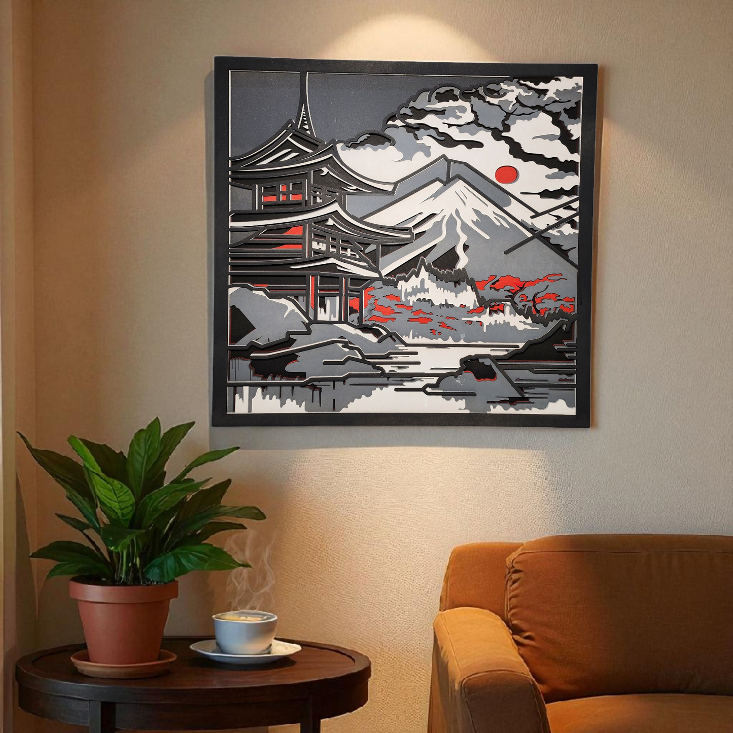 Japanese Temple & Mount Fuji – Multilayer Laser Cut Wall Art (Colored)