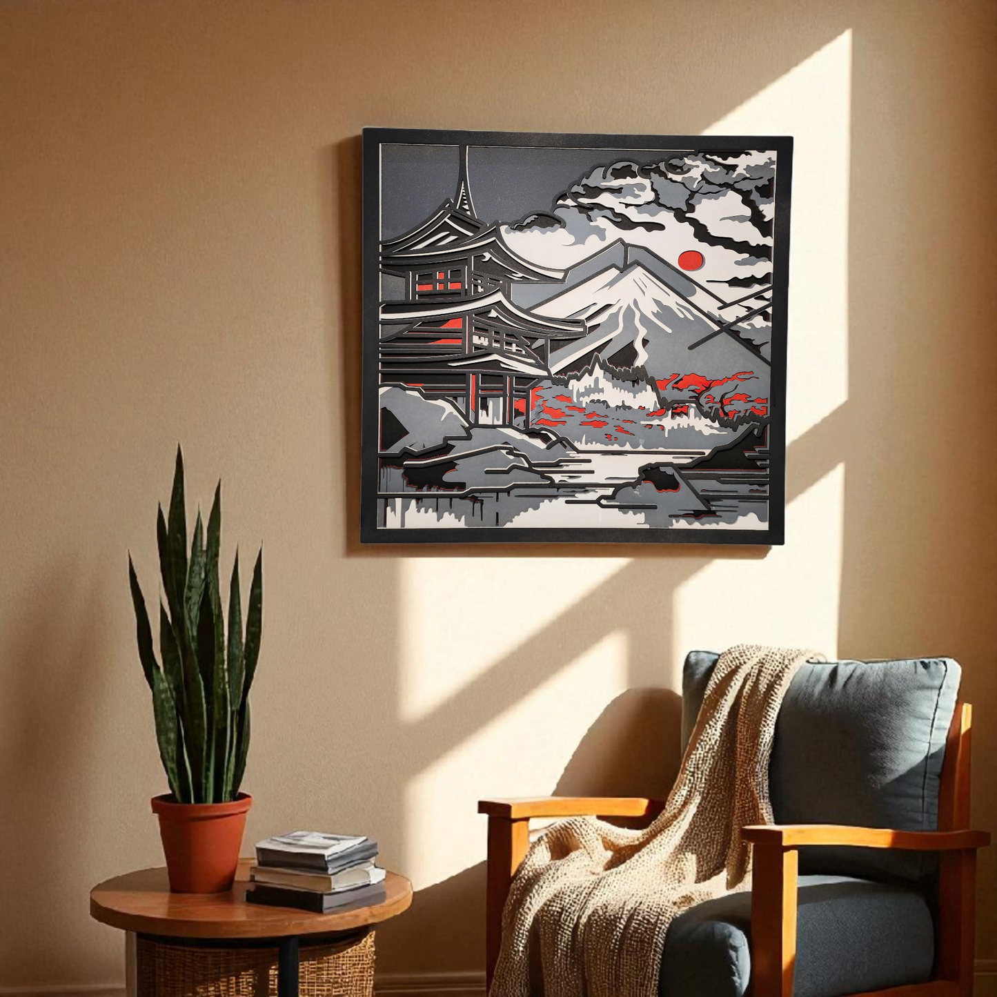 Japanese Temple & Mount Fuji – Multilayer Laser Cut Wall Art (Colored)
