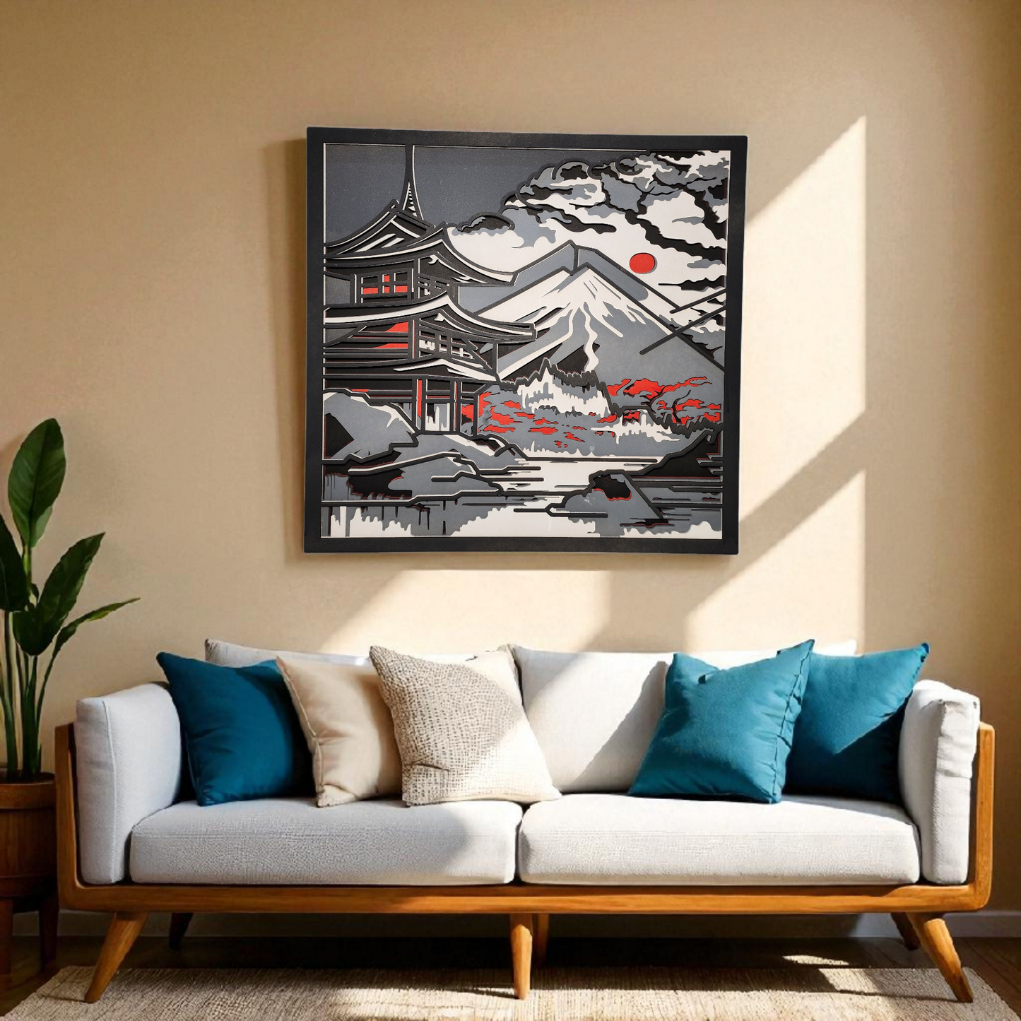 Japanese Temple & Mount Fuji – Multilayer Laser Cut Wall Art (Colored)