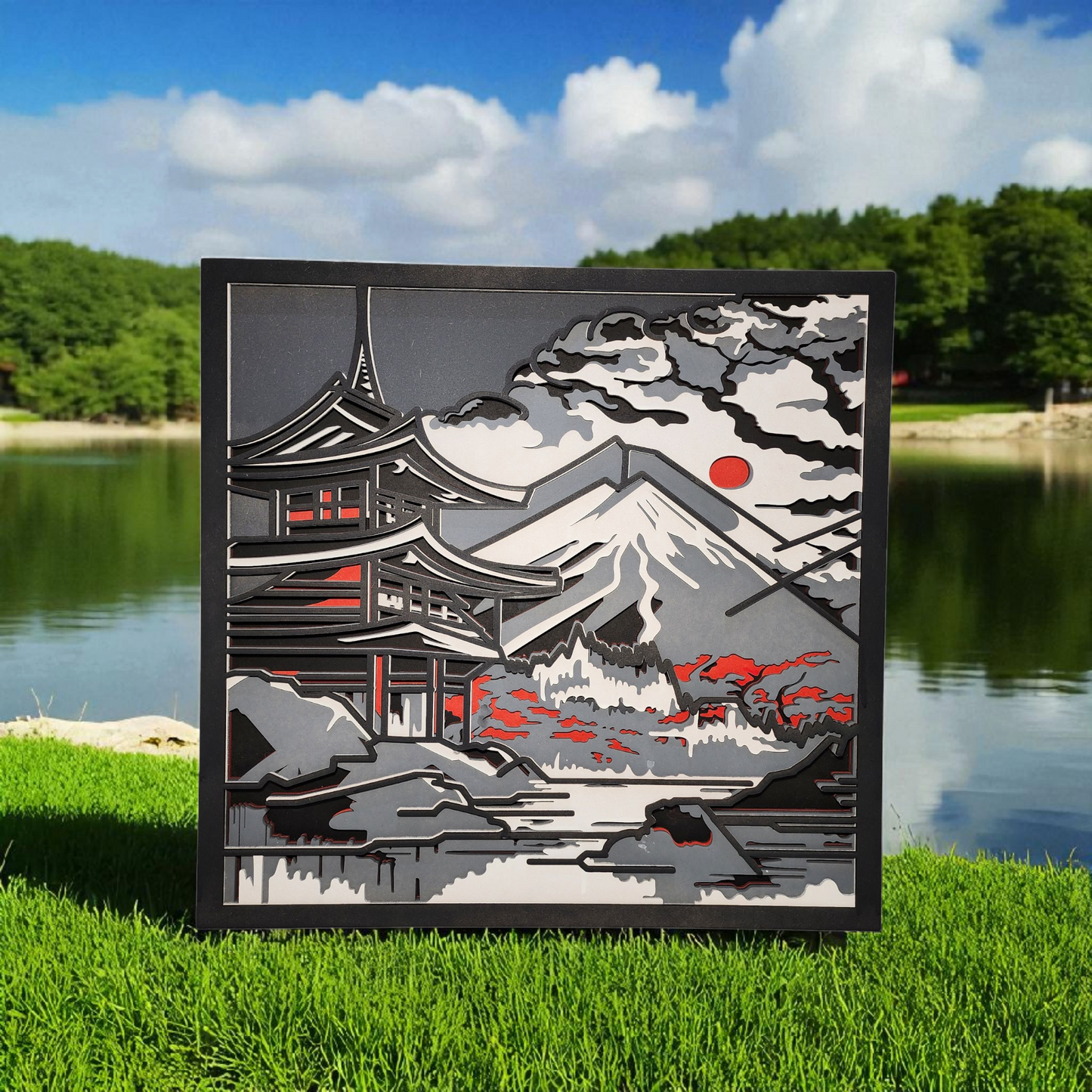 Japanese Temple & Mount Fuji – Multilayer Laser Cut Wall Art (Colored)
