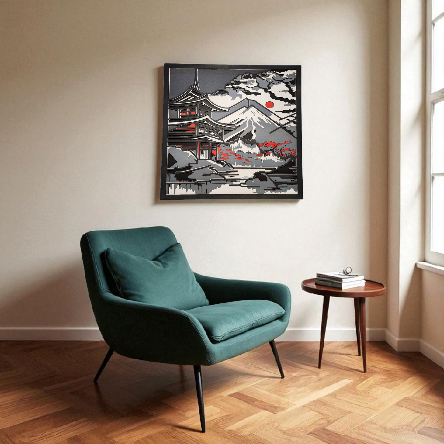 Japanese Temple & Mount Fuji – Multilayer Laser Cut Wall Art (Colored)