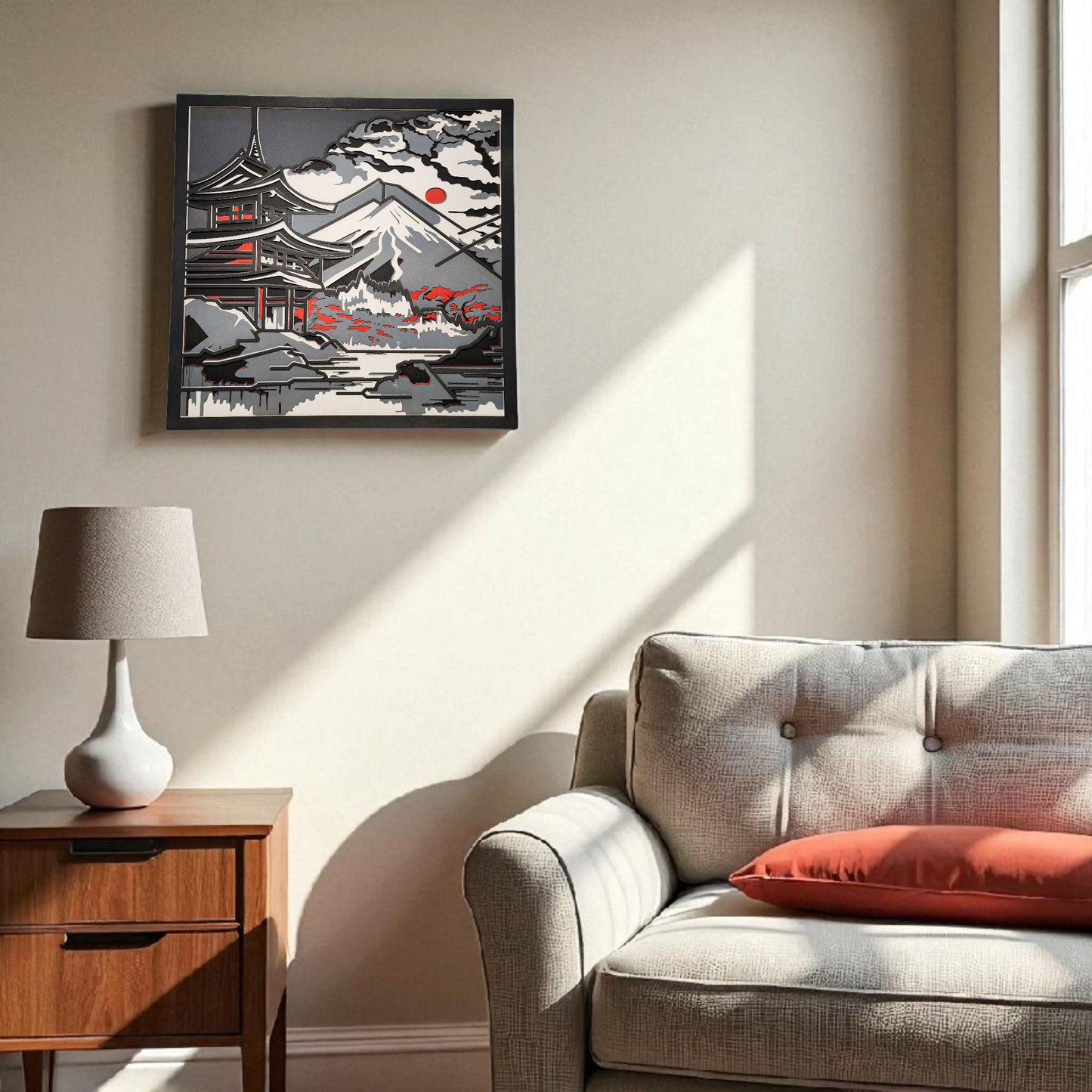 Japanese Temple & Mount Fuji – Multilayer Laser Cut Wall Art (Colored)