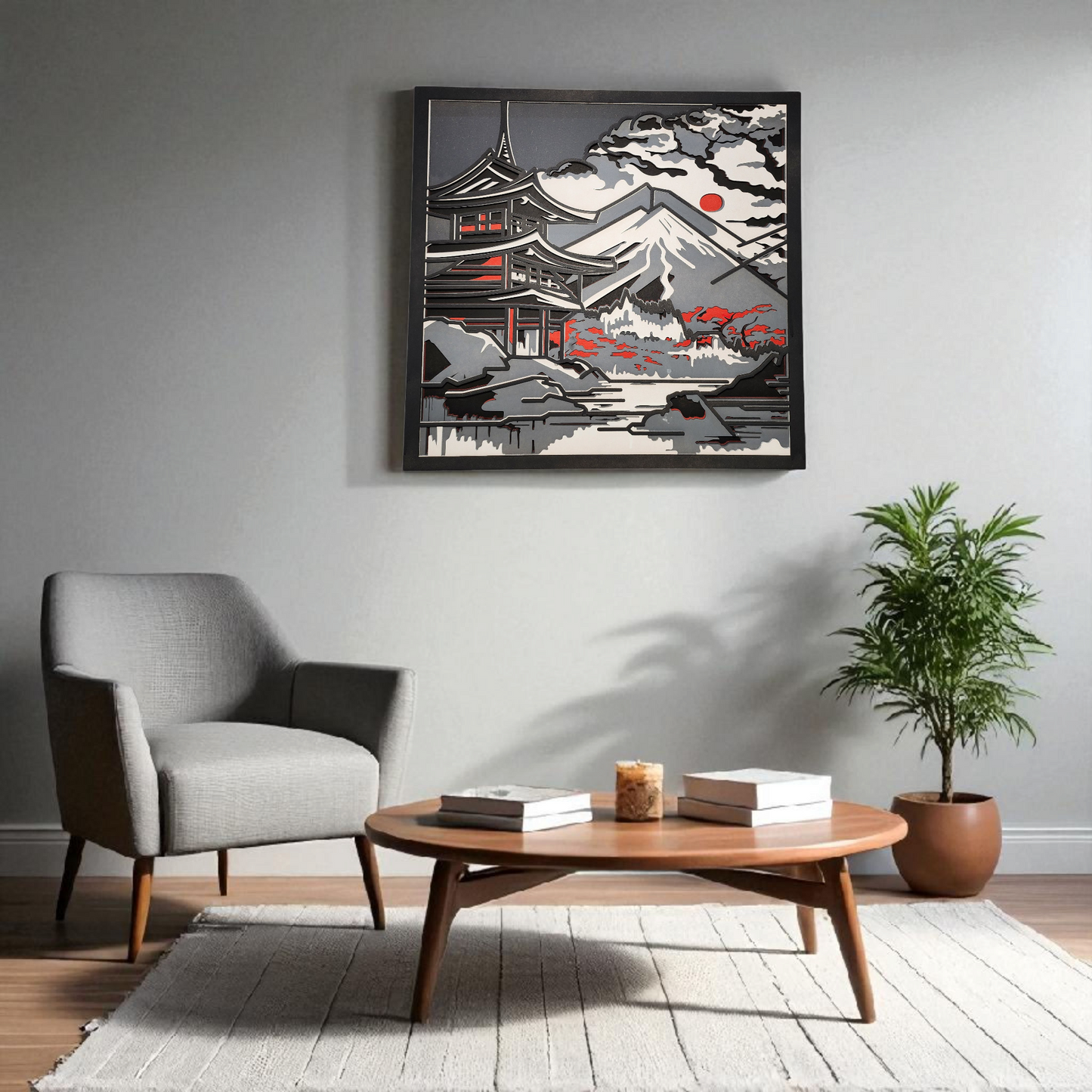 Japanese Temple & Mount Fuji – Multilayer Laser Cut Wall Art (Colored)