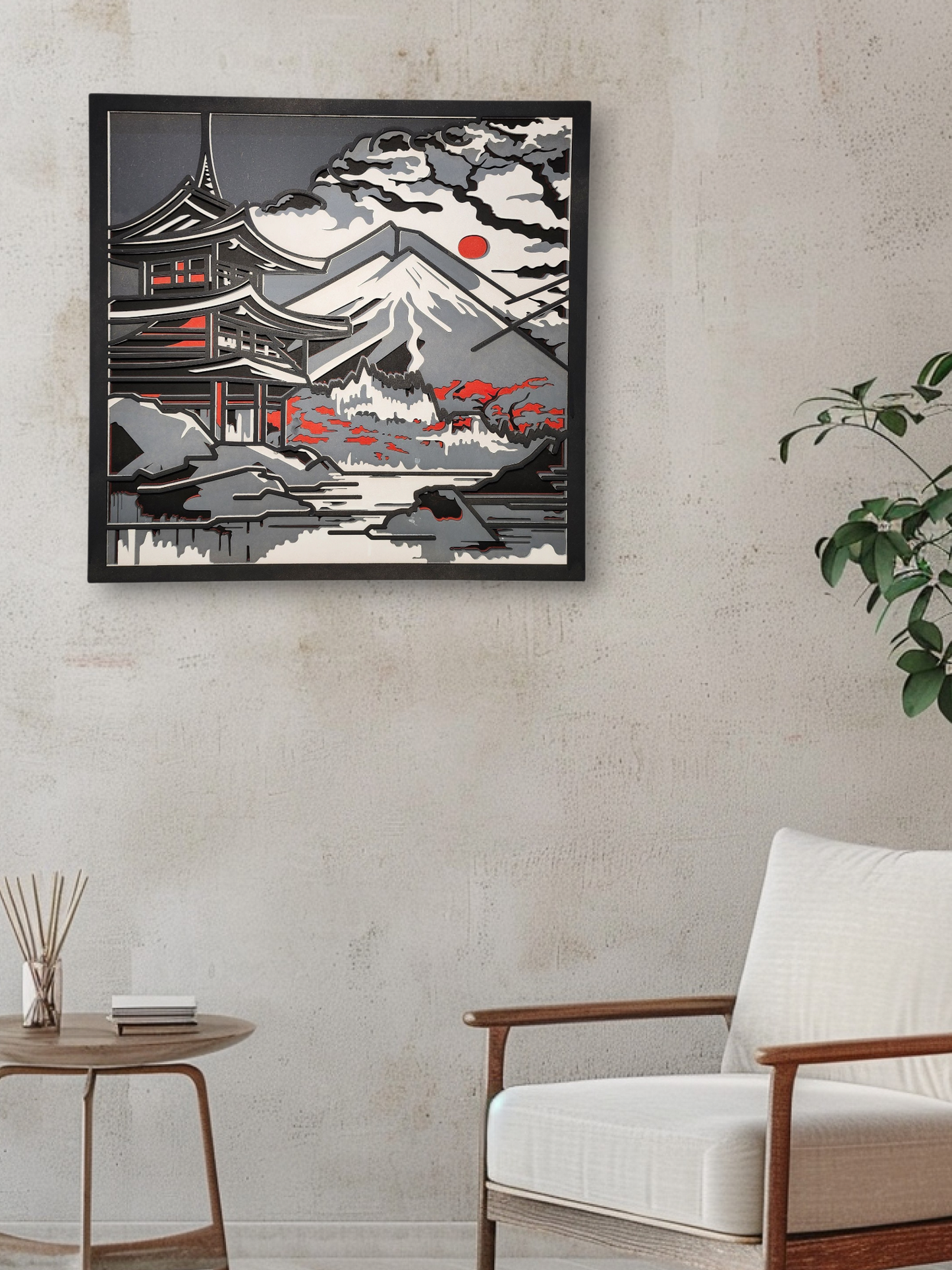 Japanese Temple & Mount Fuji – Multilayer Laser Cut Wall Art (Colored)