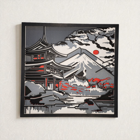 Japanese Temple &amp; Mount Fuji – Multilayer Laser Cut Wall Art (Colored)