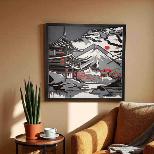 Japanese Temple &amp; Mount Fuji – Multilayer Laser Cut Wall Art (Colored)